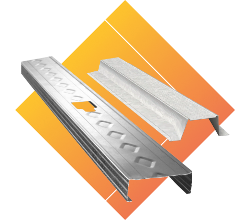 ProSTUD and ProTRAK steel framing products on orange diamond background